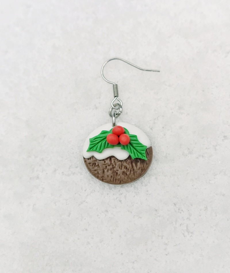 Christmas Pudding Earrings With Holly 