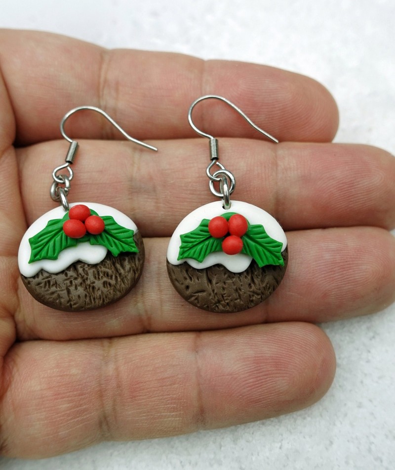 Christmas Pudding Earrings With Holly 